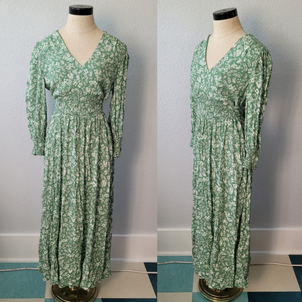 Whistles Green Shirred Wheat Floral Dress Size 8